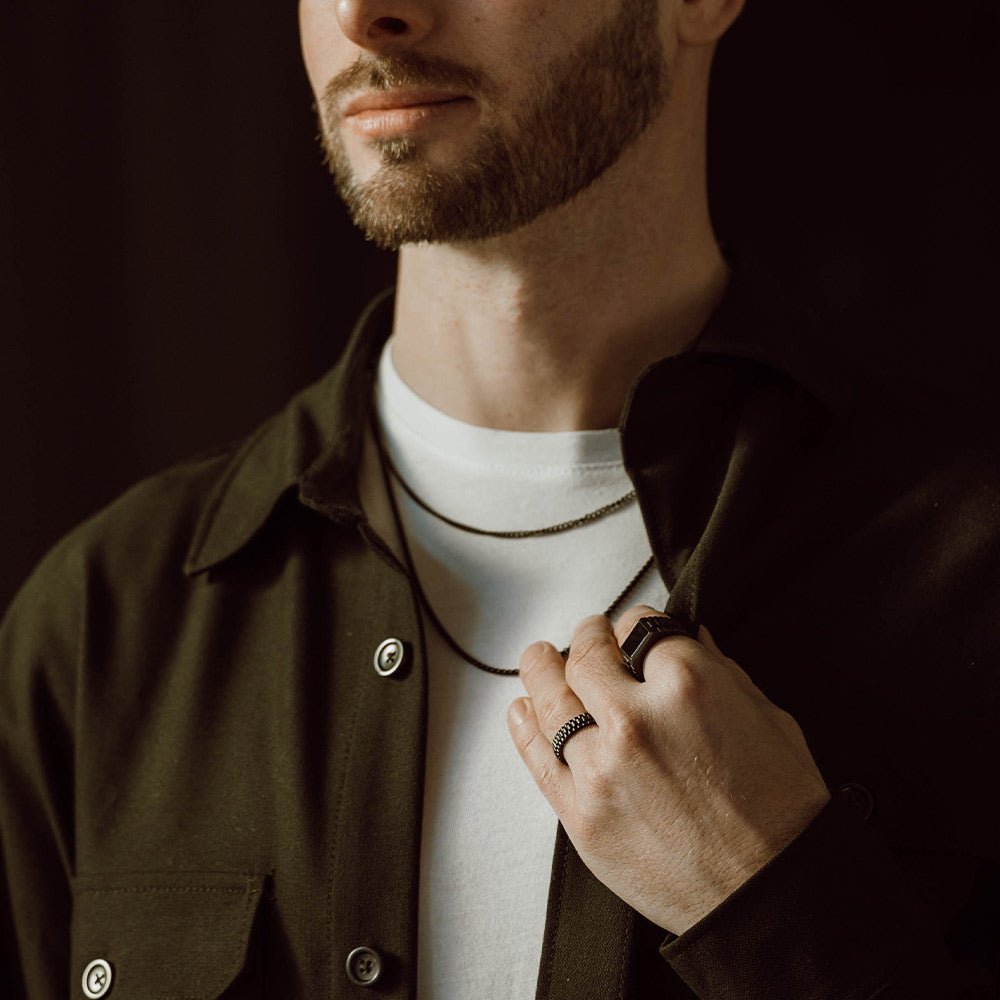 man wearing black watch link ring