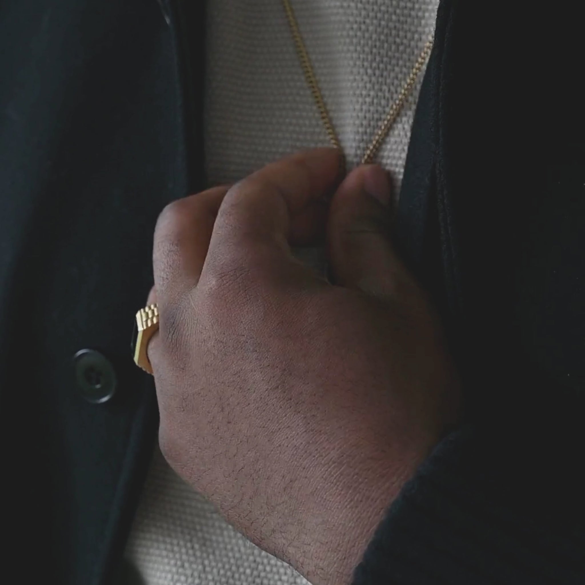 Black Onyx Signet Ring In 18K Plated Gold on finger