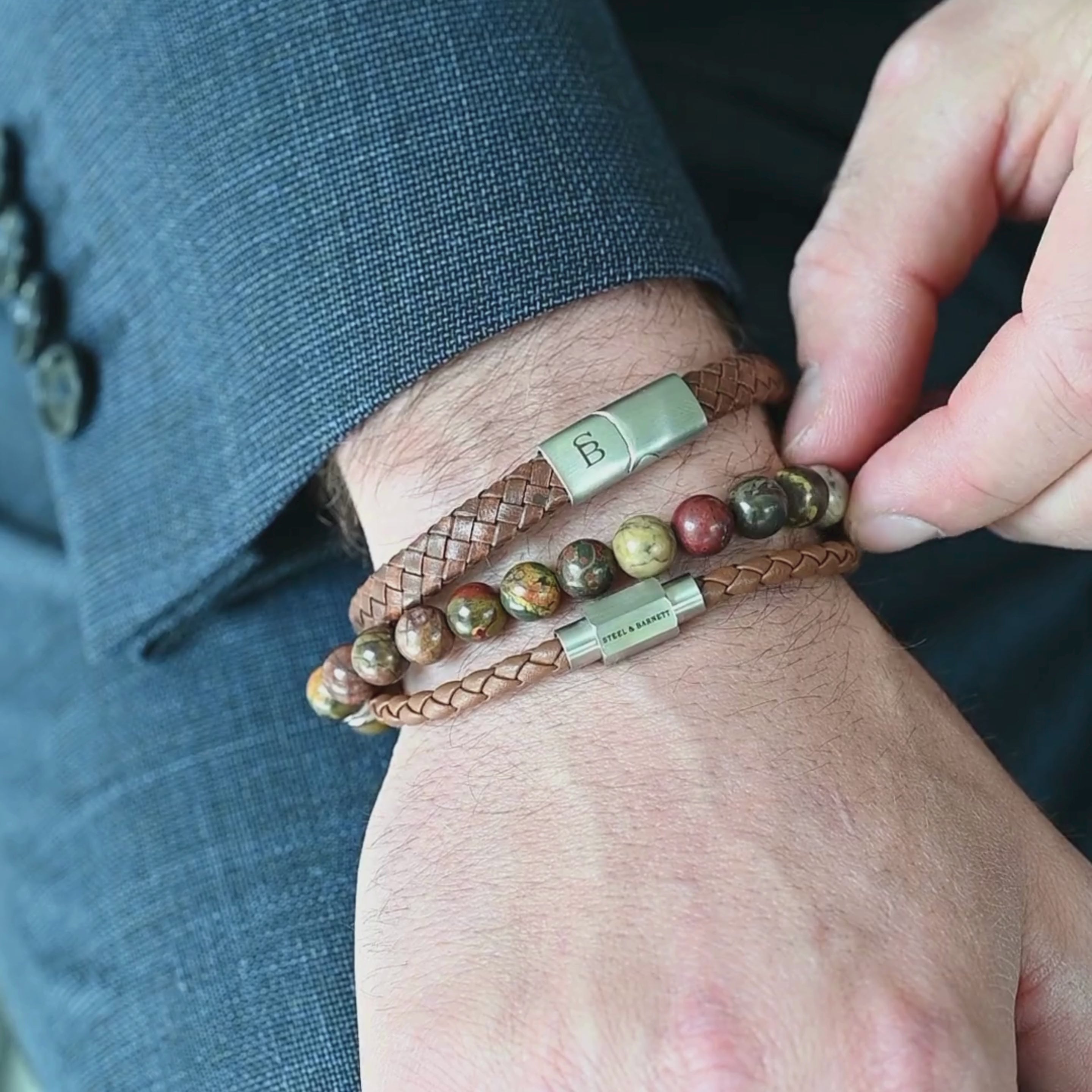 boho Cherry Creek Jasper bead bracelet​ stacked between leather bracelets