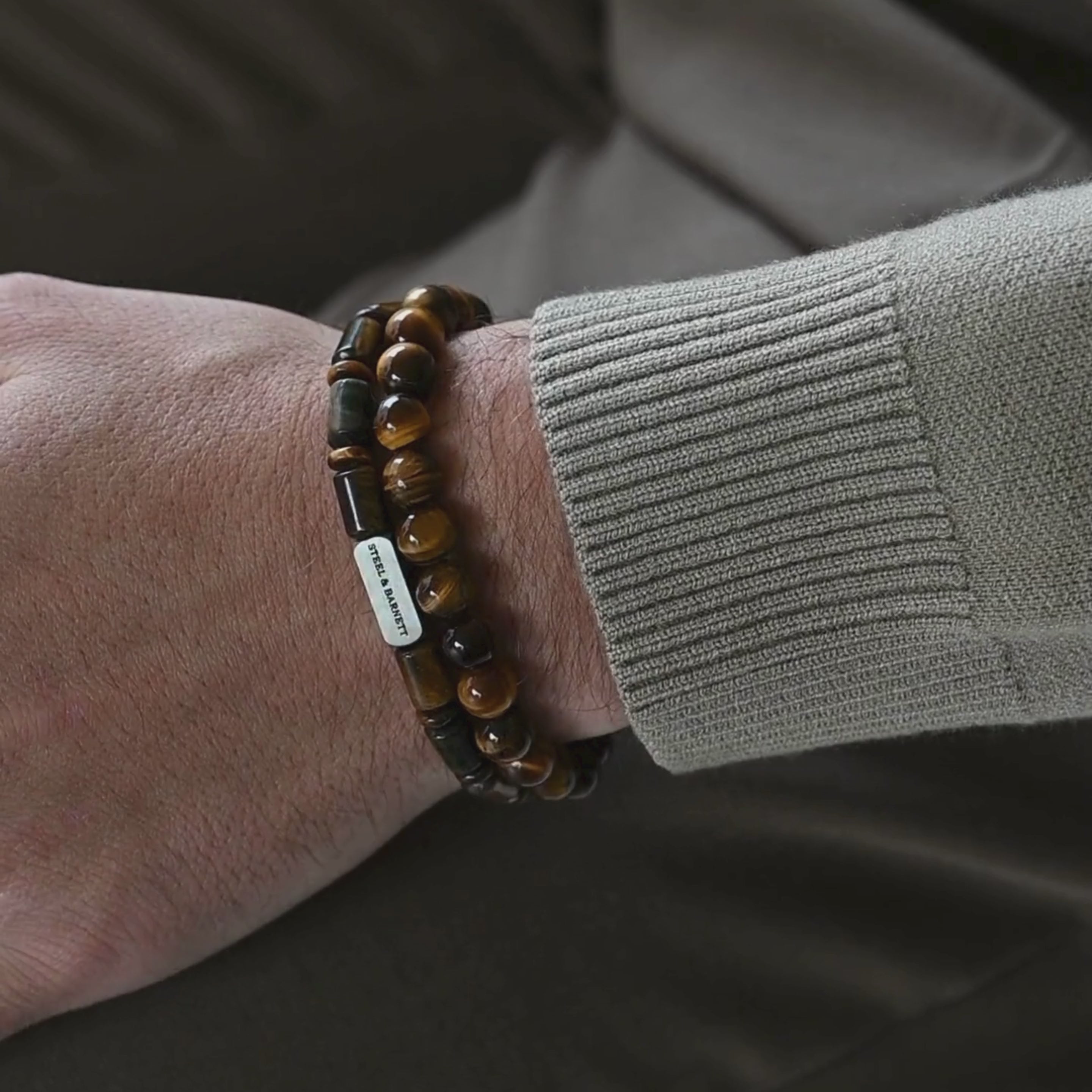 natural barrel tiger eye stone wrist mala with barrel beads with matching round beaded tiger eye bracelet