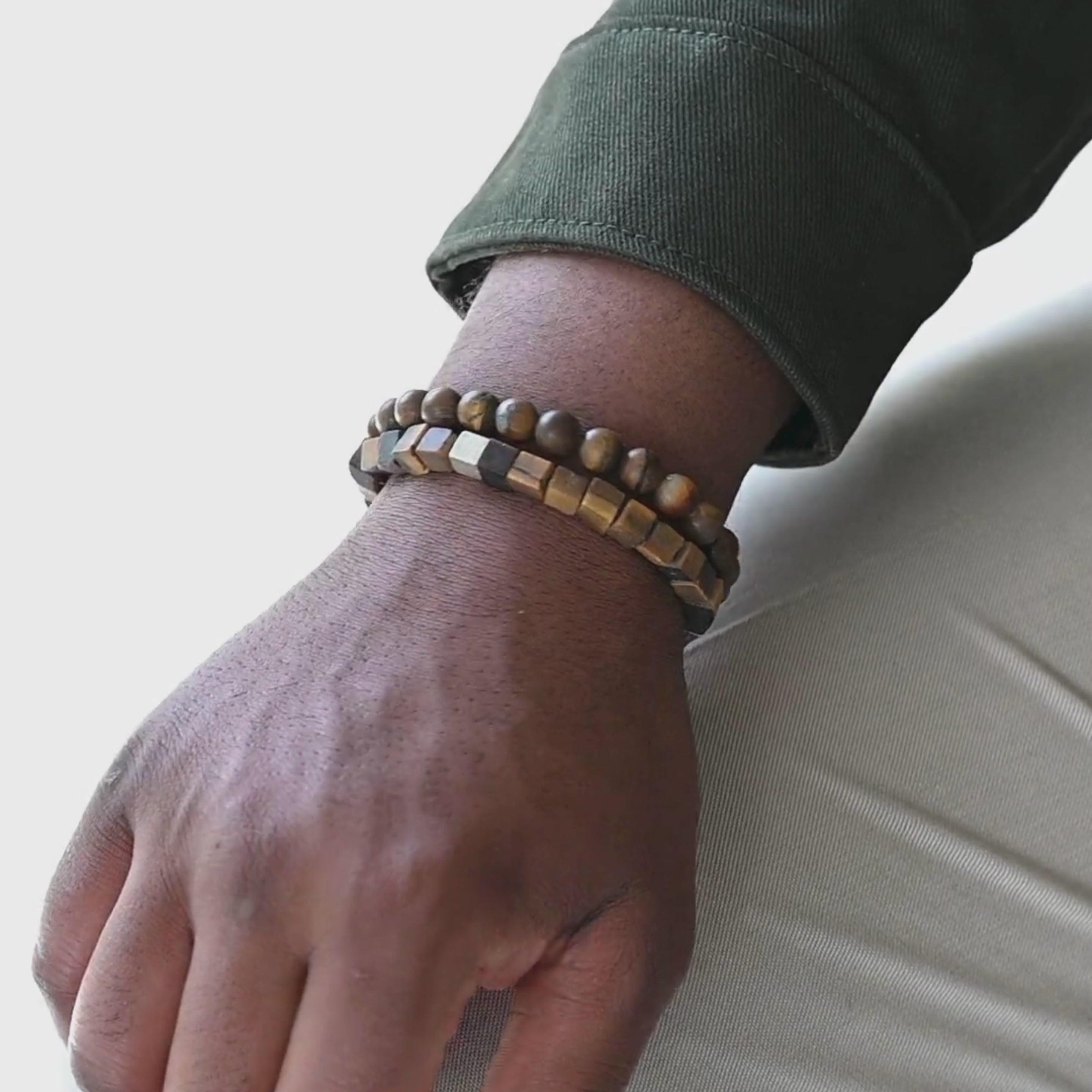 mens tiger eye stone 8mm round bead bracelet stacked with matching tiger eye cube gemstone bracelet