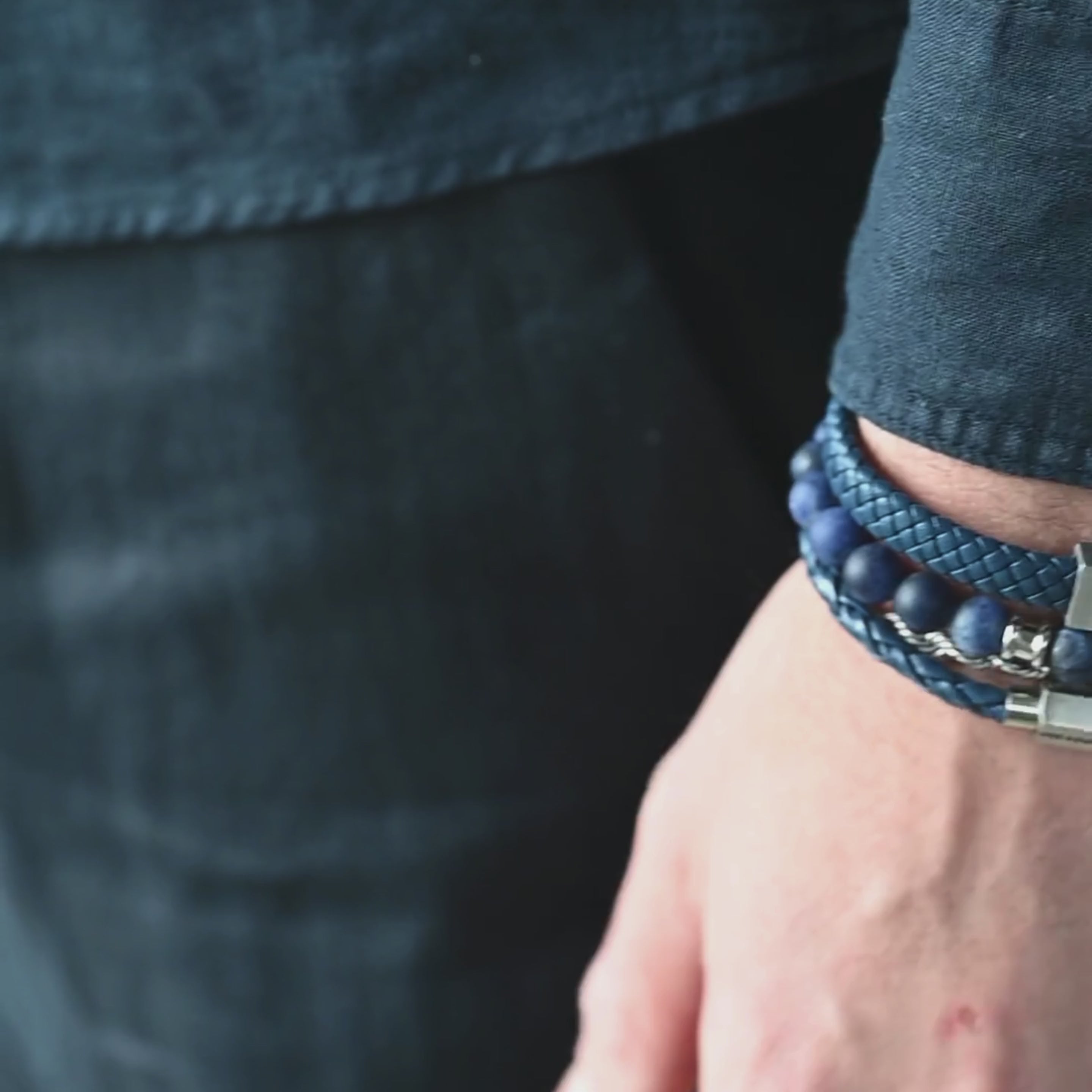 mens braided blue leather bracelets stacked with natural stone beaded bracelet and fine twisted chain bracelet in stainless steel