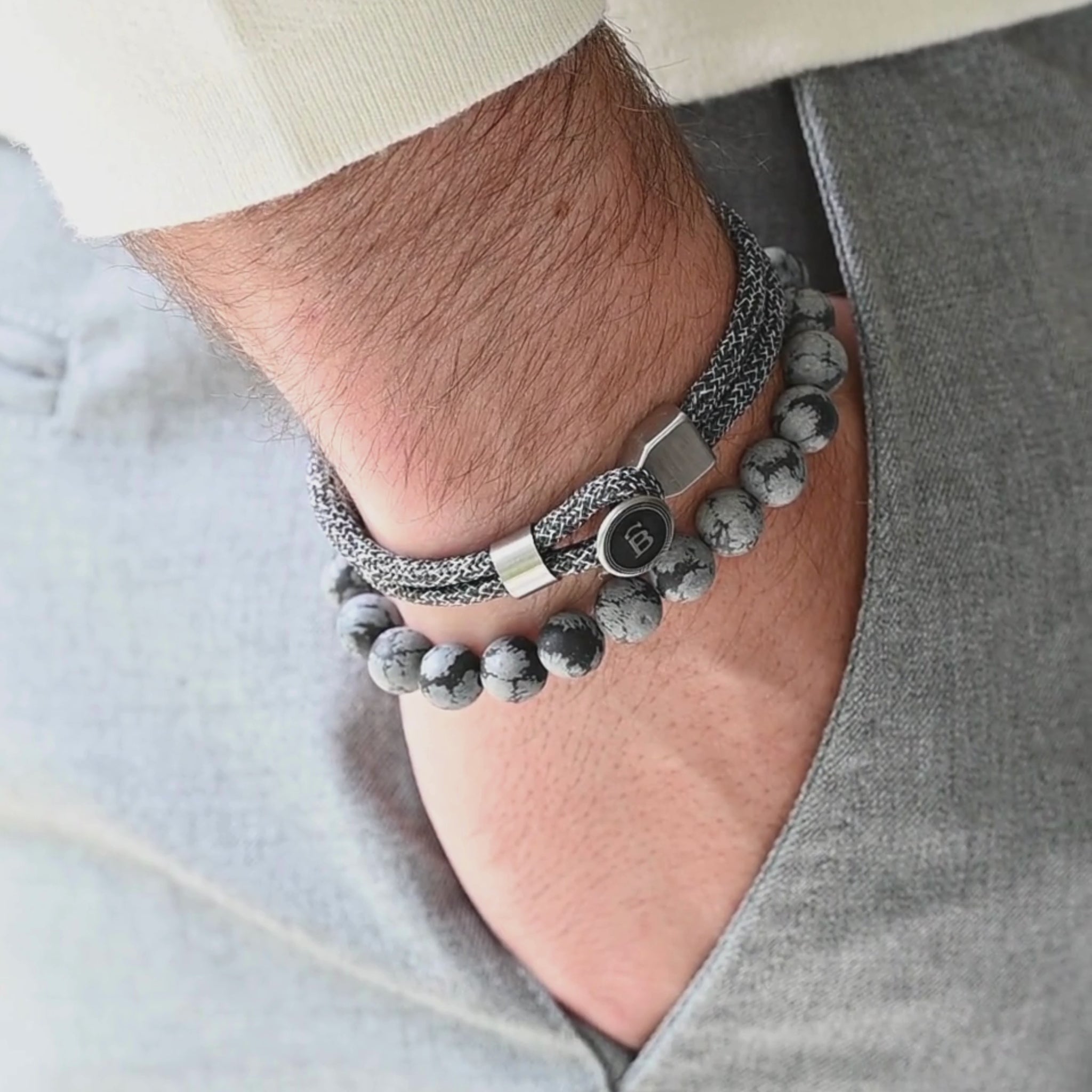 nautical gray rope bracelet styled with beaded bracelet