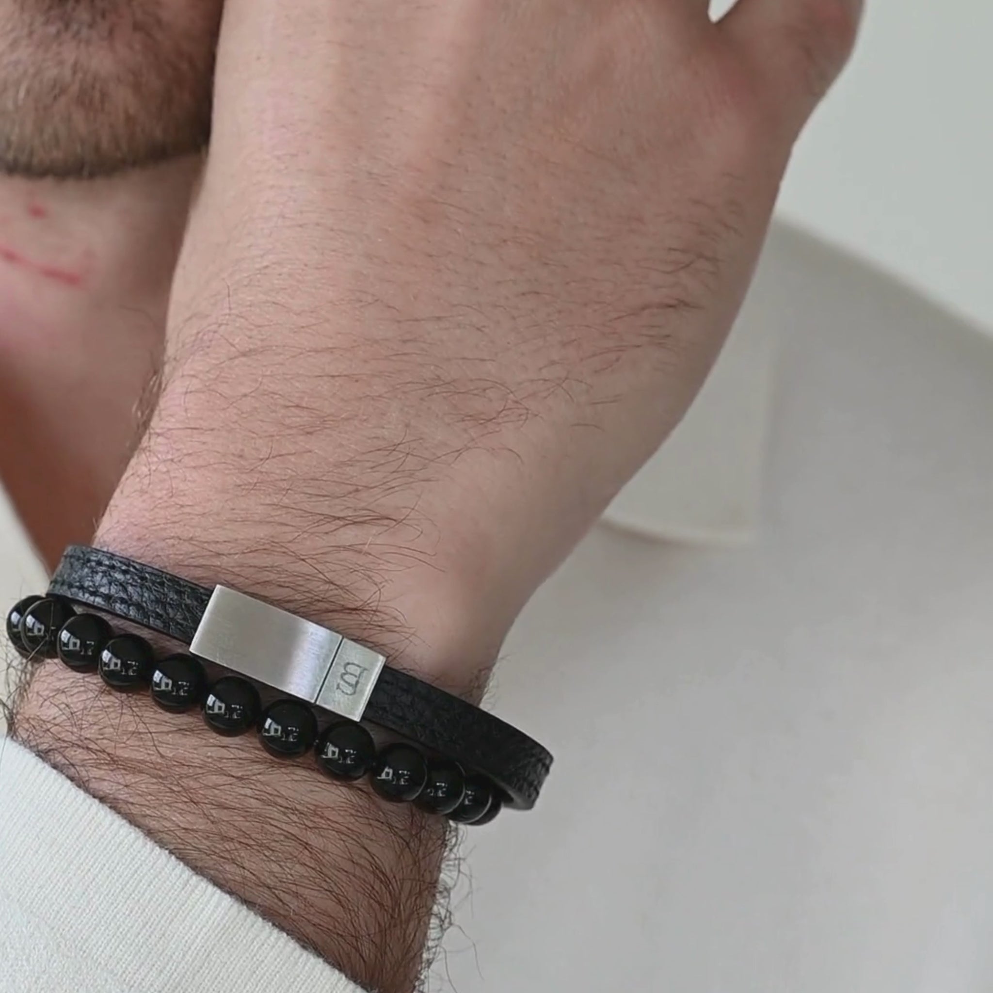 thin leather bracelet for men black and silver steel and barnett stainless steel