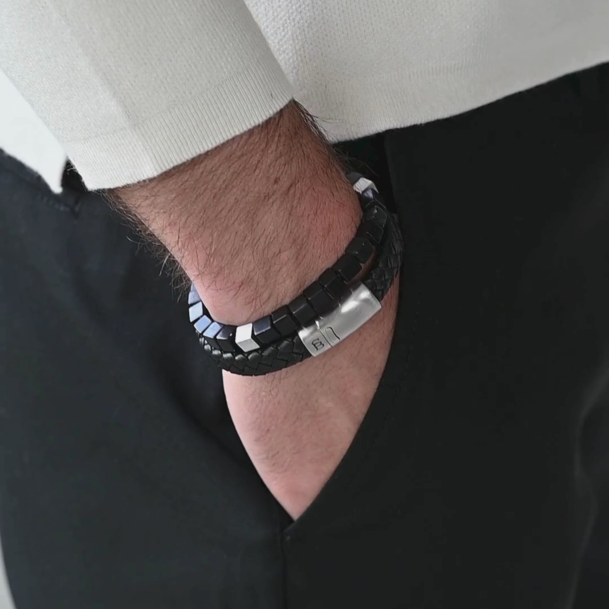 black leather bracelet for men stainless steel clasp steel and barnett