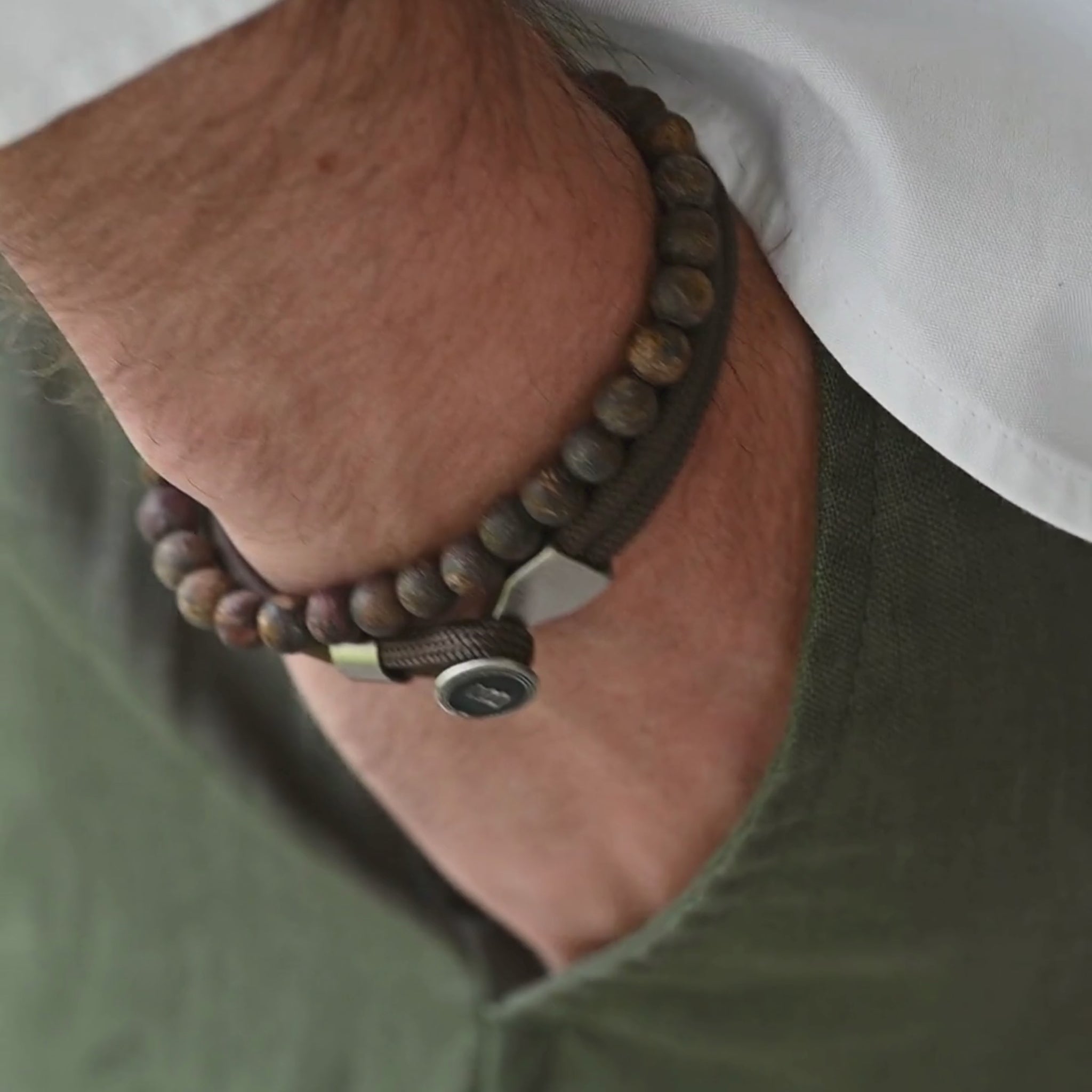 nautical brown rope bracelet styled with beaded bracelet
