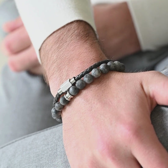 grey stone bracelet for men gemstone stainless steel gifts for him thin leather bracelet
