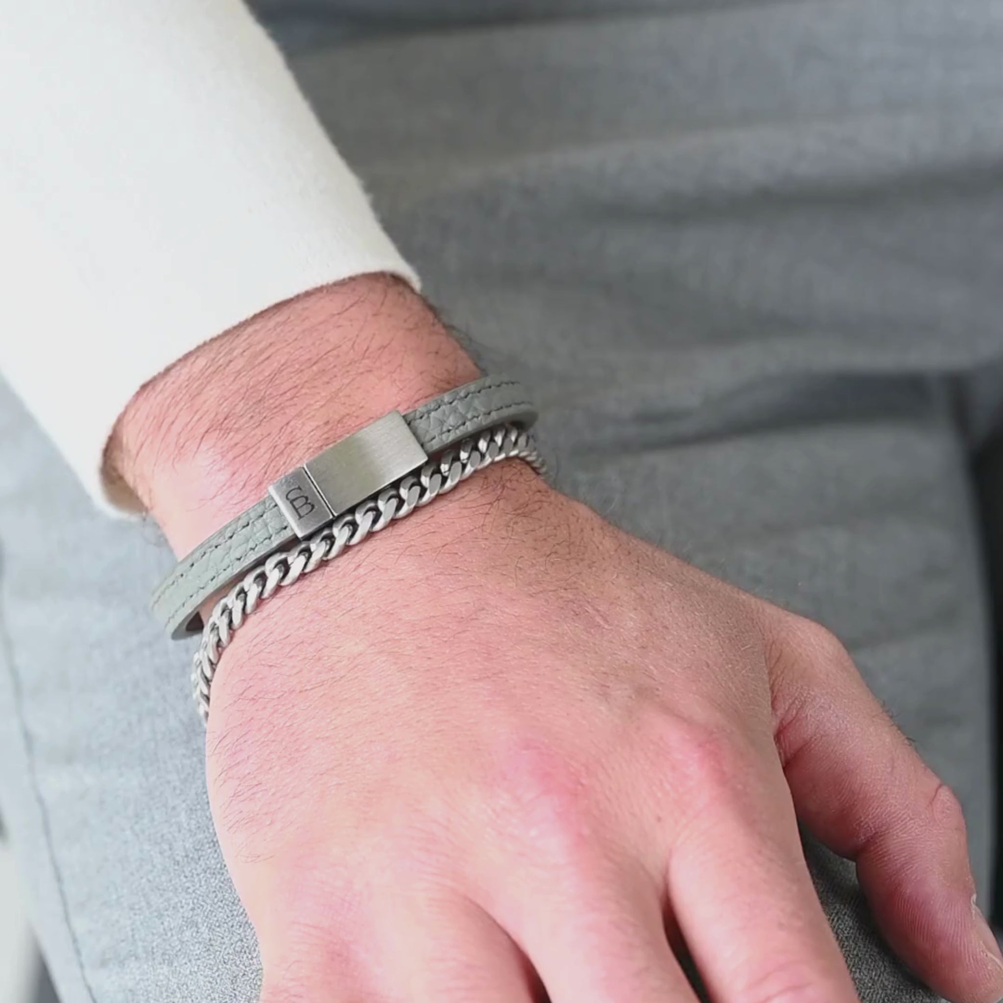 grey leather bracelet stainless steel clasp gray jewelry for men steel and barnett