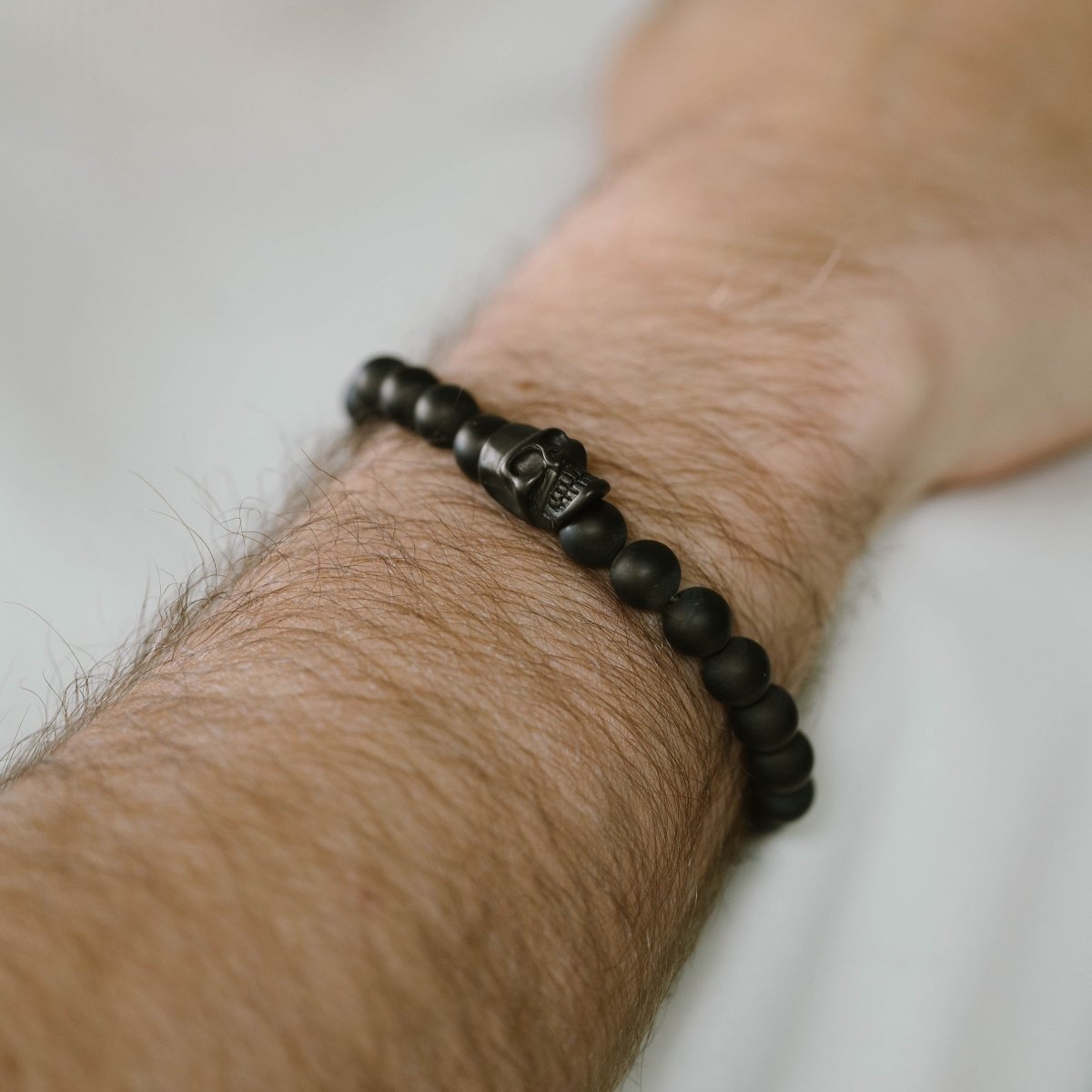 Skull 8mm Round Gemstone Bracelet Black Onyx - STEEL & BARNETT