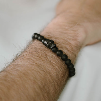 Skull 8mm Round Gemstone Bracelet Black Onyx - STEEL & BARNETT