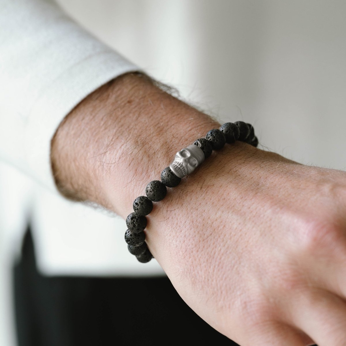 Skull 8mm Round Gemstone Bracelet Lava - STEEL & BARNETT