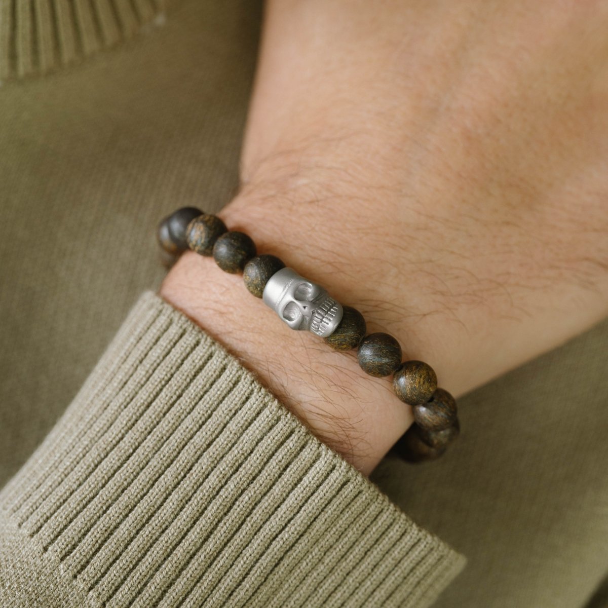 Skull 8mm Round Gemstone Bracelet Matt Bronzite - STEEL & BARNETT