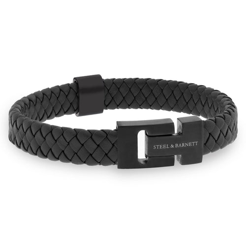 Gevlochten zwarte leren armband met zwarte roestvrijstalen sluiting