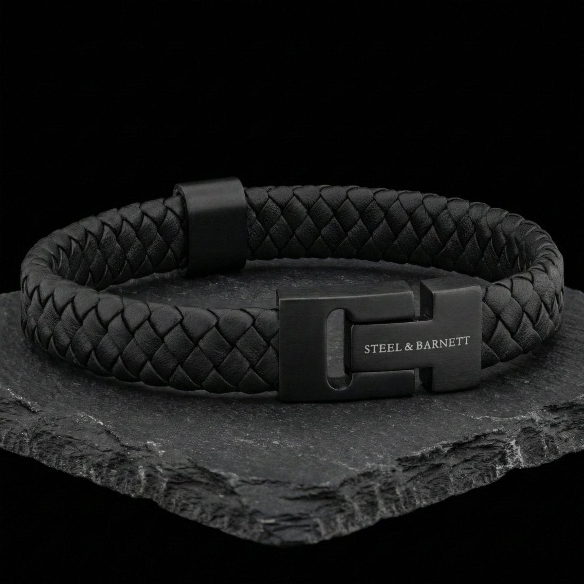 Thick Black Braided Leather Bracelet with Black Stainless Steel Clasp - STEEL & BARNETT