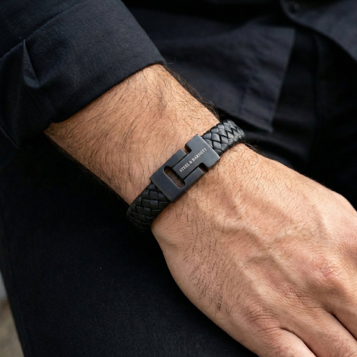 Thick Black Braided Leather Bracelet with Black Stainless Steel Clasp