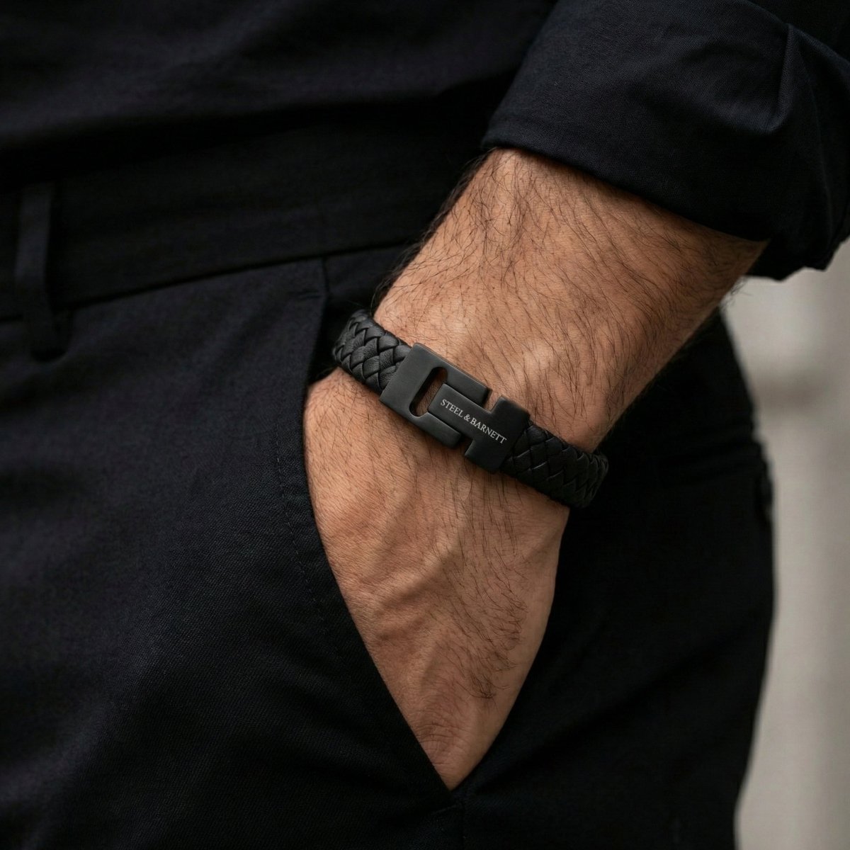 Thick Black Braided Leather Bracelet with Black Stainless Steel Clasp