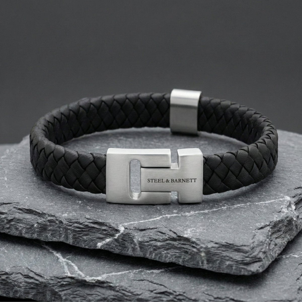 Thick Braided Black Leather Bracelet For Men - STEEL & BARNETT