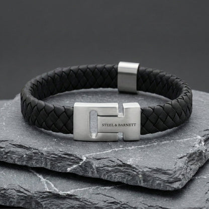 Thick Braided Black Leather Bracelet For Men - STEEL & BARNETT