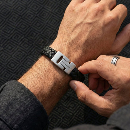 Thick Braided Black Leather Bracelet For Men - STEEL & BARNETT