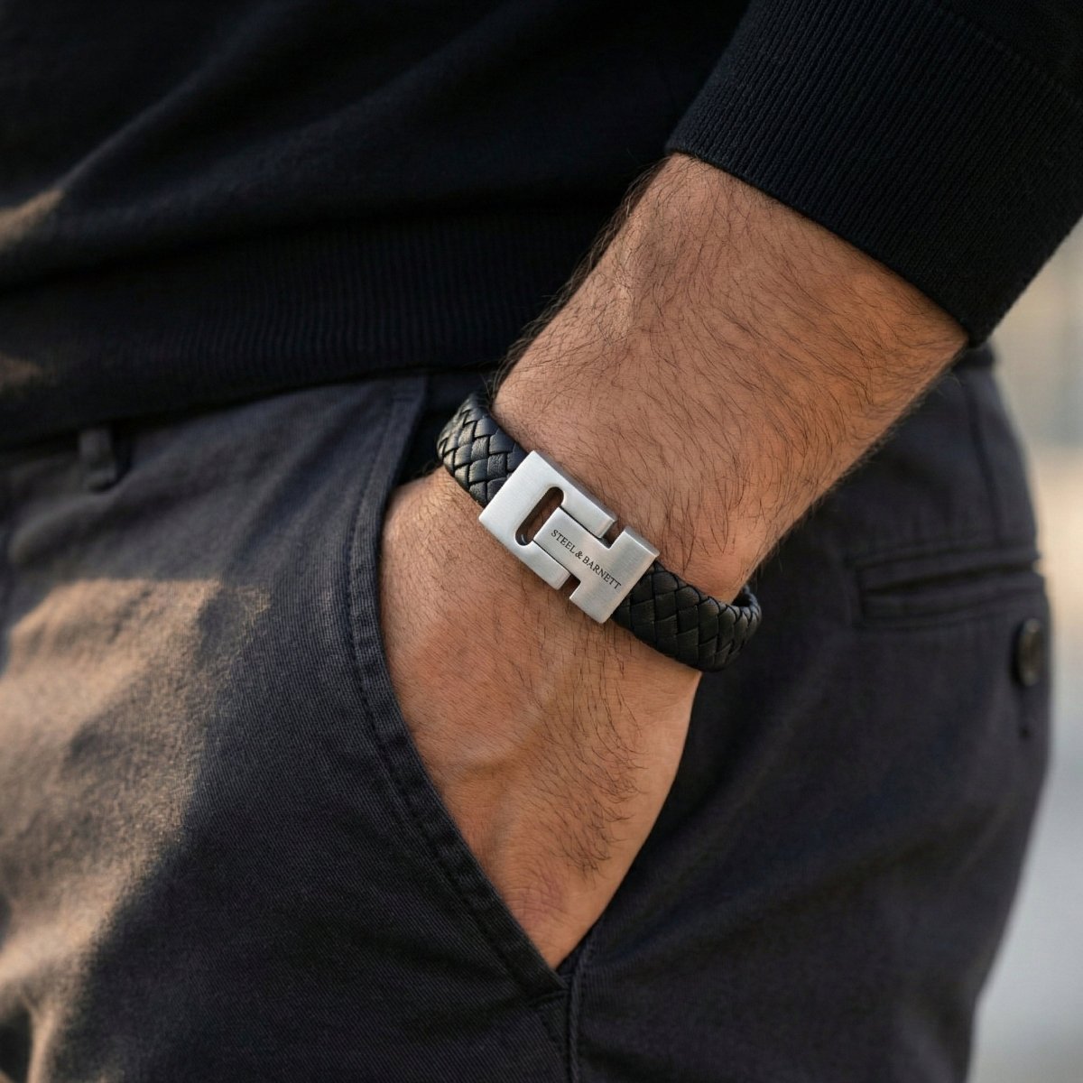 Thick Braided Black Leather Bracelet For Men - STEEL & BARNETT