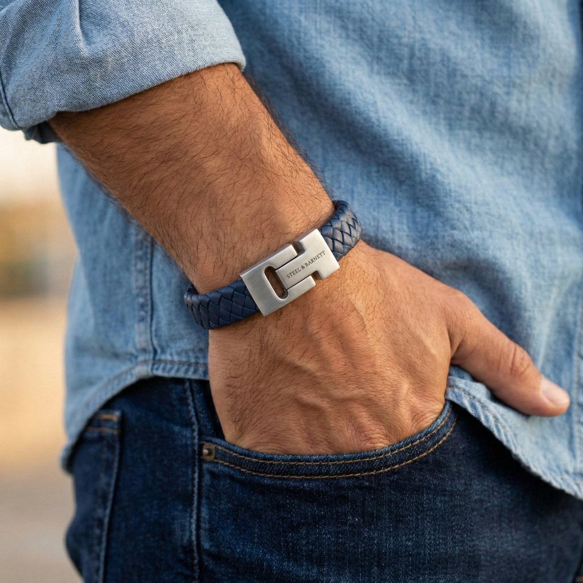 Thick Braided Blue Leather Bracelet For Men - STEEL & BARNETT