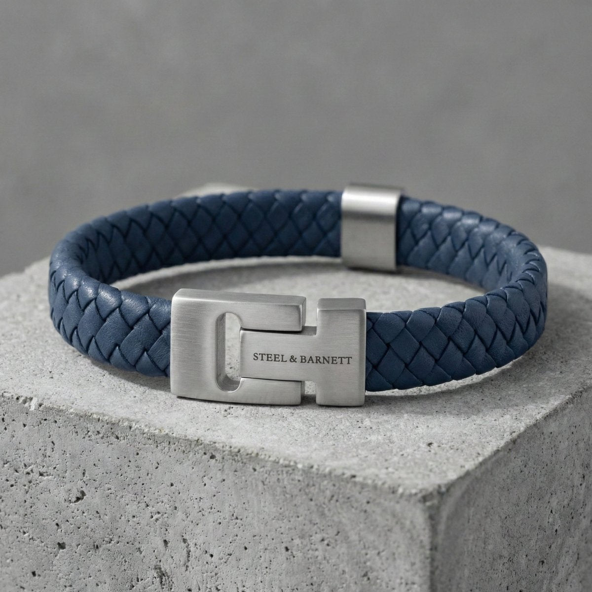 Thick Braided Blue Leather Bracelet For Men - STEEL & BARNETT