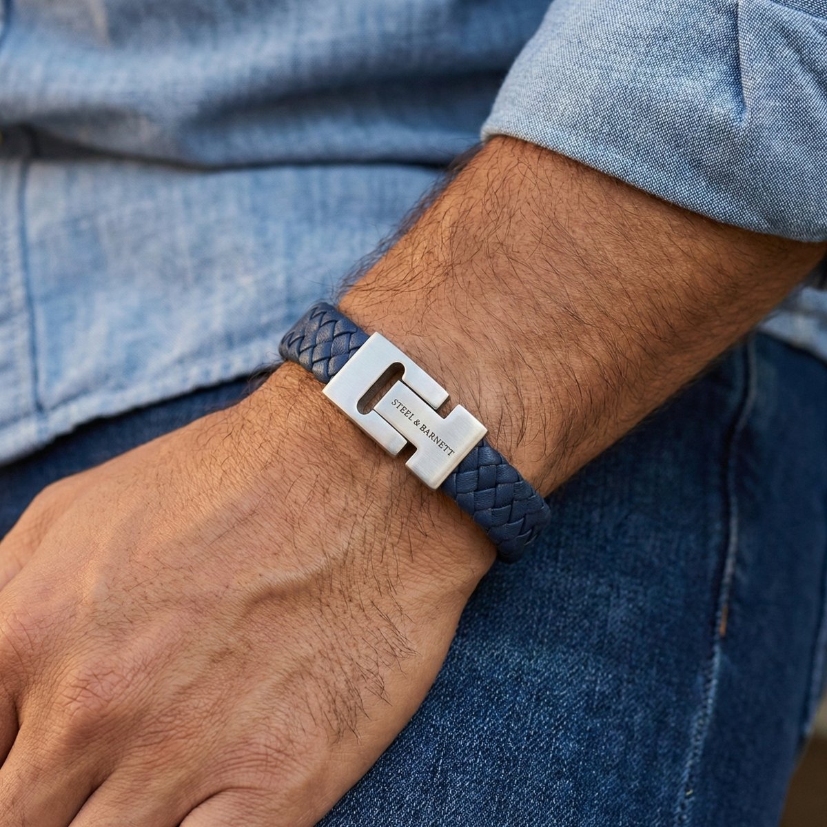 Thick Braided Blue Leather Bracelet For Men - STEEL & BARNETT