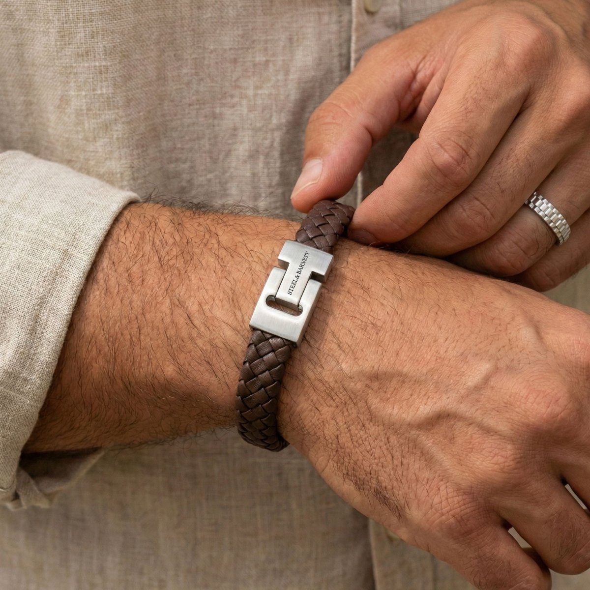 Thick Braided Brown Leather Bracelet For Men - STEEL & BARNETT