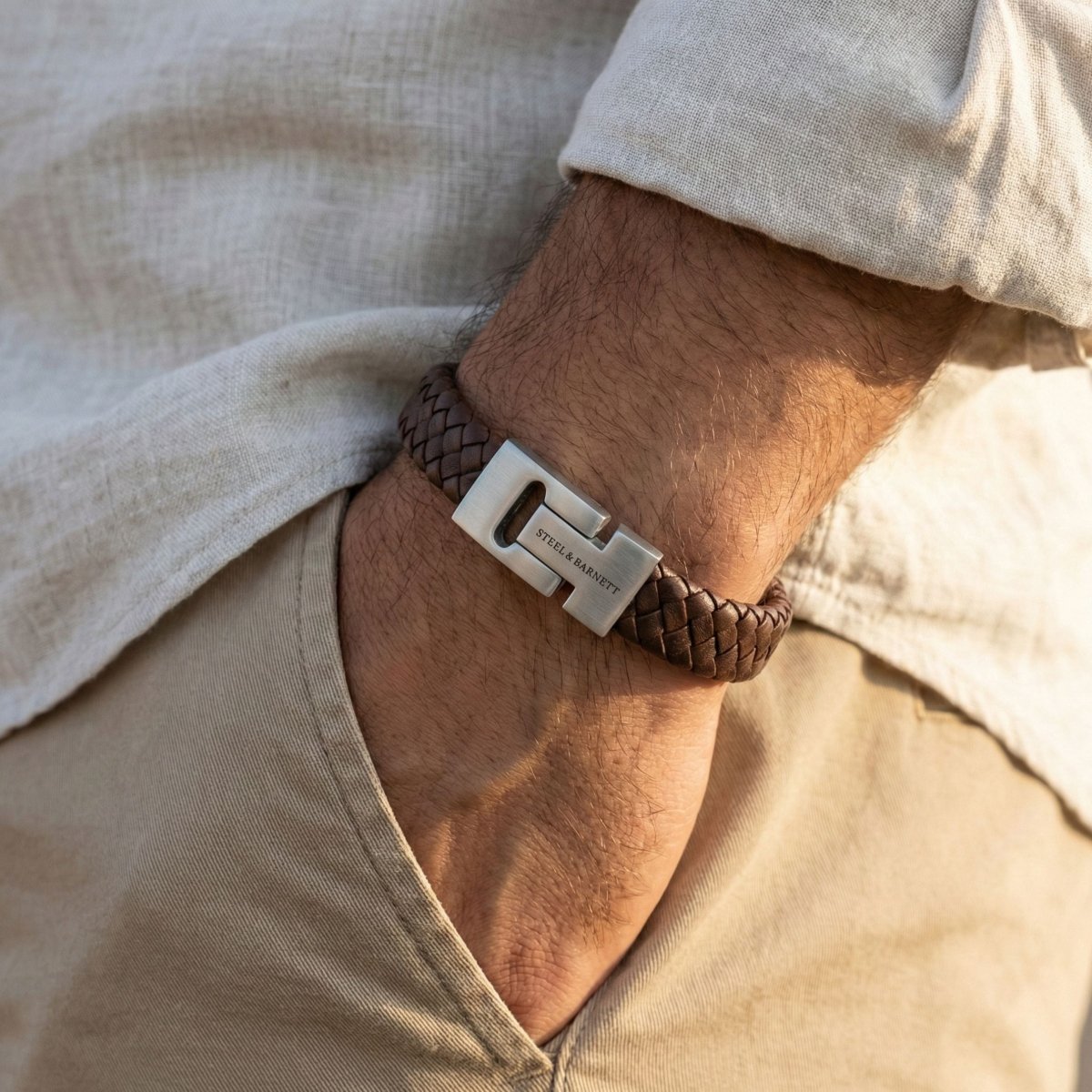 Thick Braided Brown Leather Bracelet For Men - STEEL & BARNETT