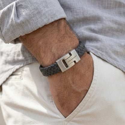 Thick Braided Dark Gray Leather Bracelet For Men - STEEL & BARNETT
