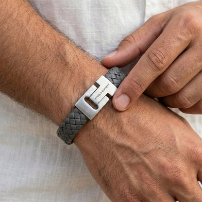Thick Braided Dark Gray Leather Bracelet For Men - STEEL & BARNETT