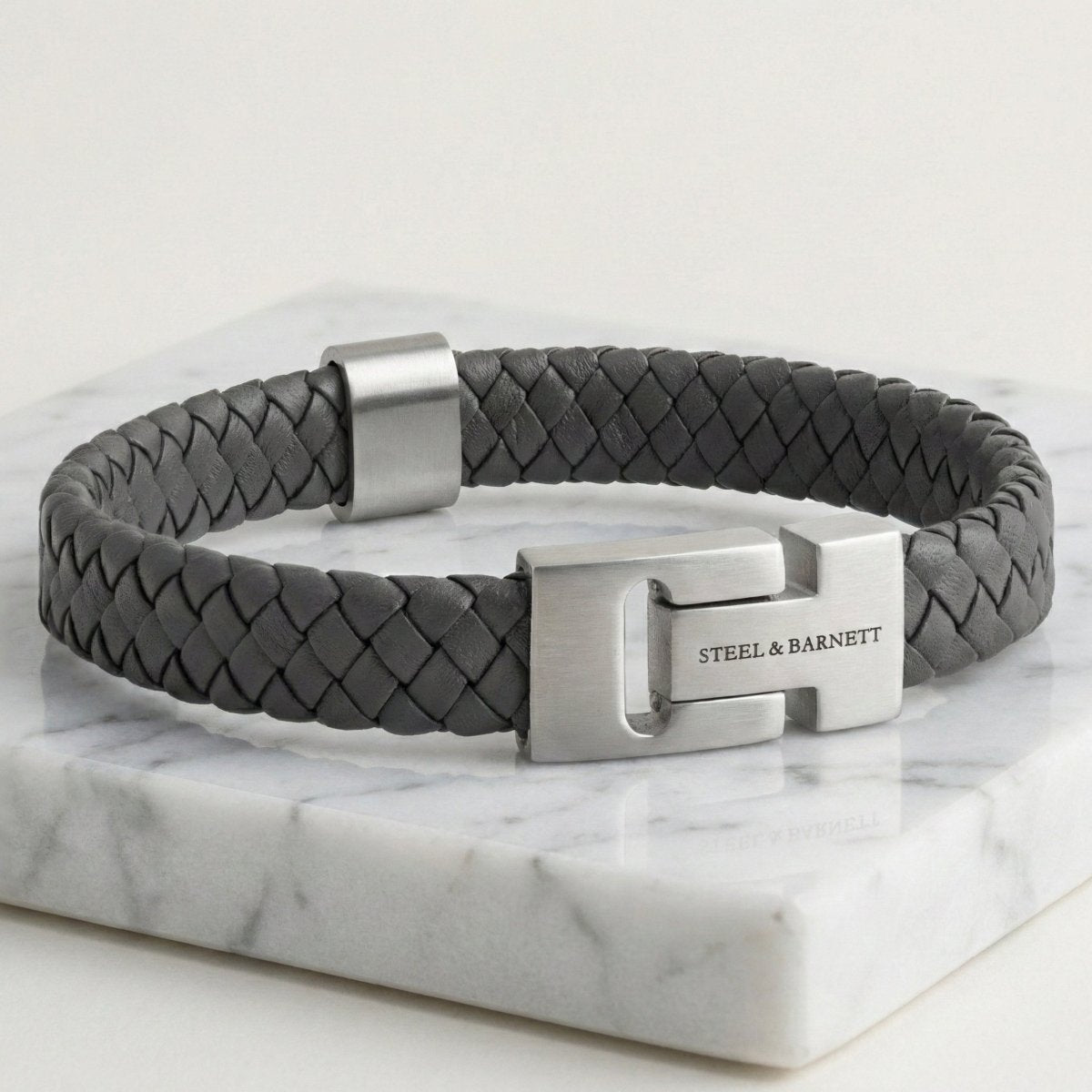 Thick Braided Dark Gray Leather Bracelet For Men - STEEL & BARNETT
