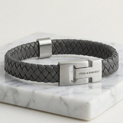 Thick Braided Dark Gray Leather Bracelet For Men - STEEL & BARNETT