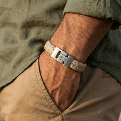 Thick Braided Ecru Leather Bracelet For Men - STEEL & BARNETT