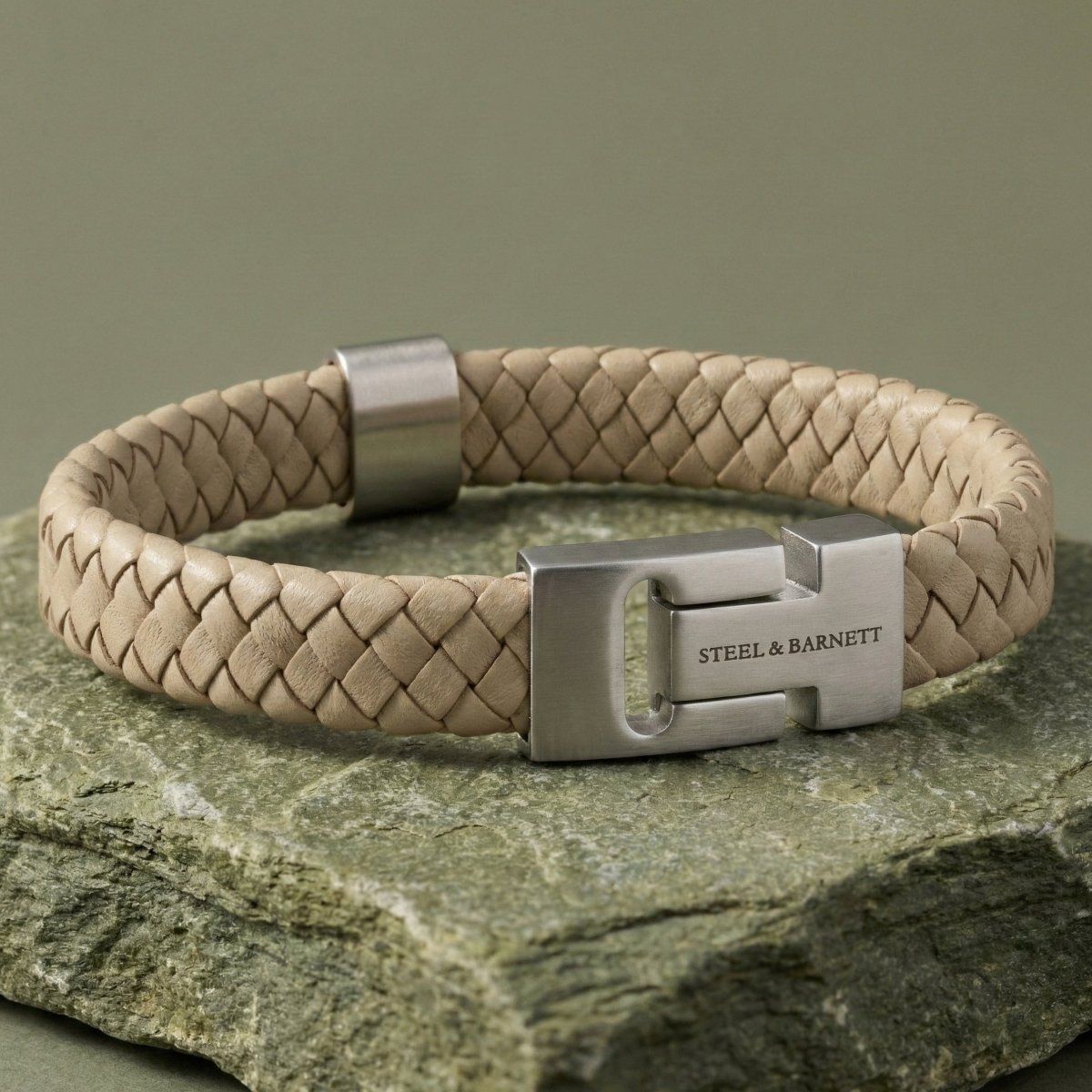 Thick Braided Ecru Leather Bracelet For Men - STEEL & BARNETT