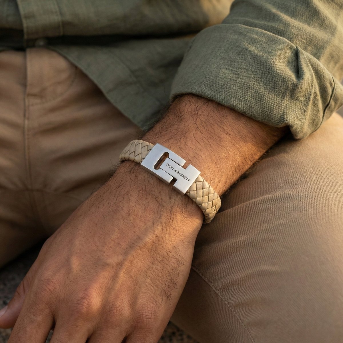 Thick Braided Ecru Leather Bracelet For Men - STEEL & BARNETT