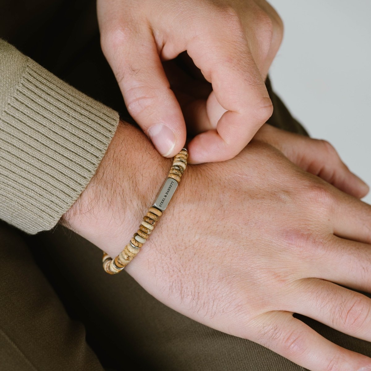 two tone picture jasper disc beaded bracelet for men