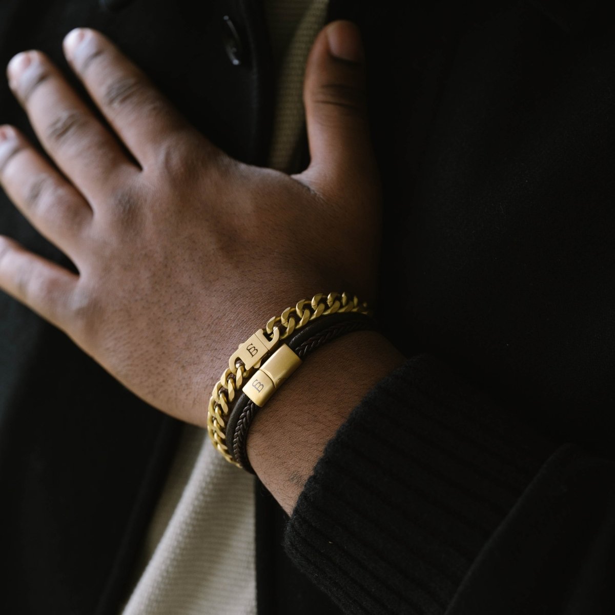 18K gold-plated dual band brown leather bracelet paired with cuban-link bracelet in stainless steel
